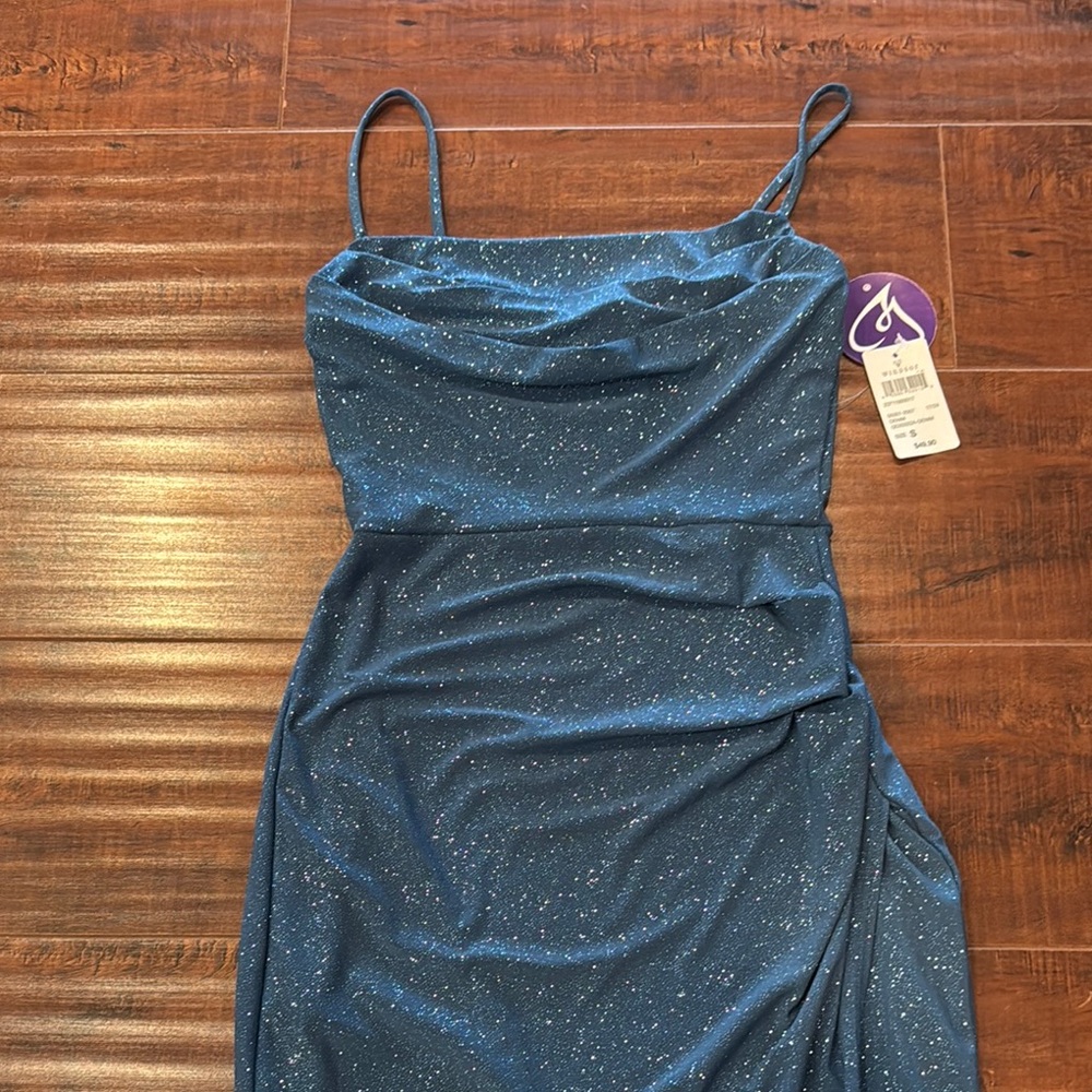 Windsor Blue Sparkly Evening Dress w/Spaghetti Straps/Side Slit, Size Small, NWT